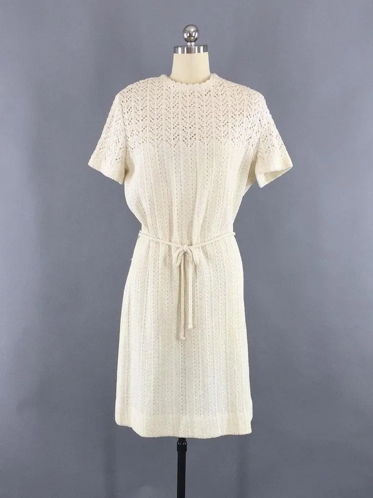 1960s Vintage Dalton Crocheted White Sweater Dress