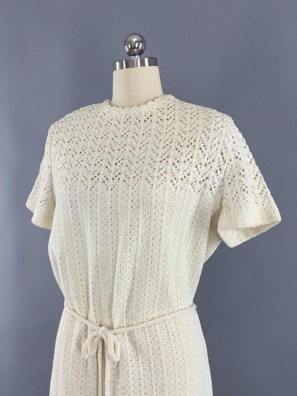 1960s Vintage Dalton Crocheted White Sweater Dress