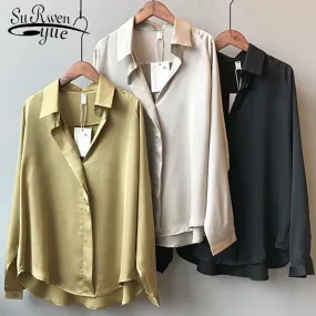 2021 Spring Women Fashion Long Sleeves Blouse Vintage Femme V Neck Imitation Silk Blouse Sizes M - L