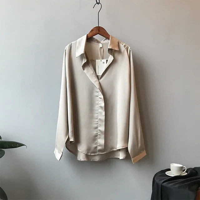 2021 Spring Women Fashion Long Sleeves Blouse Vintage Femme V Neck Imitation Silk Blouse Sizes M - L