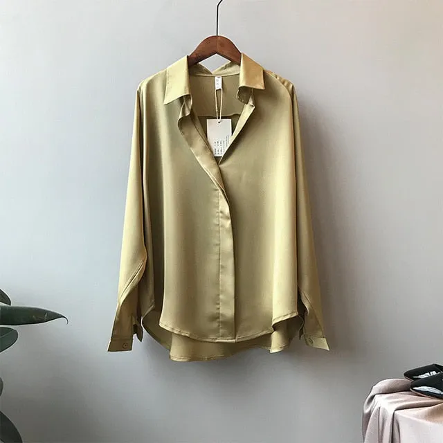 2021 Spring Women Fashion Long Sleeves Blouse Vintage Femme V Neck Imitation Silk Blouse Sizes M - L