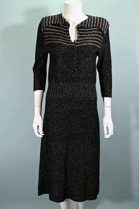 40s Black/Gold Knit Sweater Dress,50s Black Boucle Knit Dress M