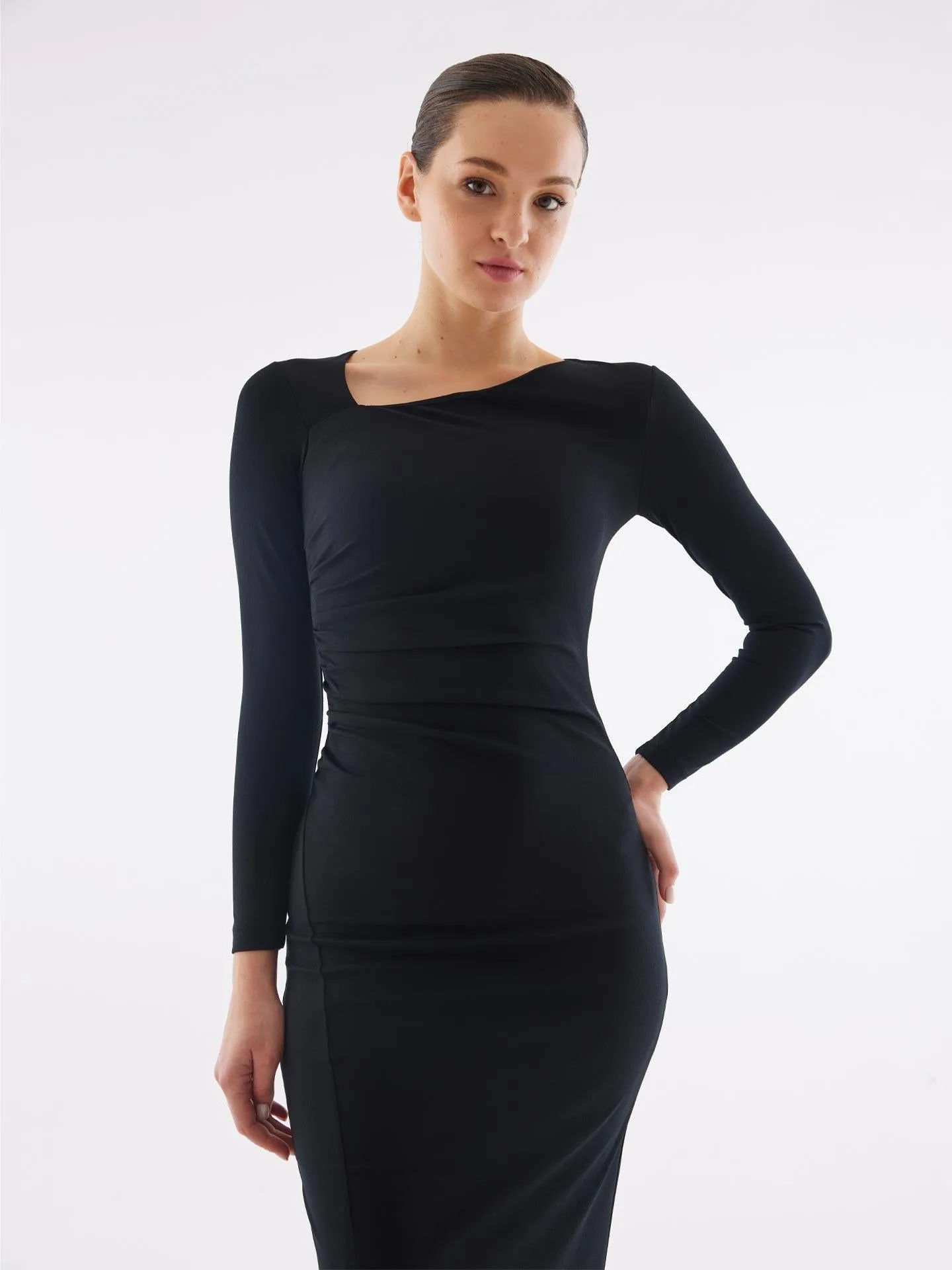 Asymmetrical Neckline Black Slit Dress