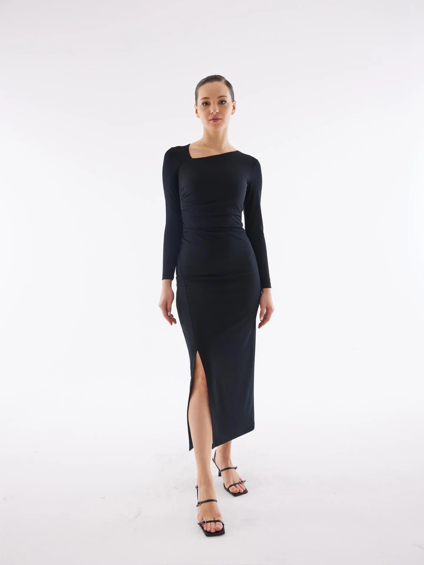 Asymmetrical Neckline Black Slit Dress