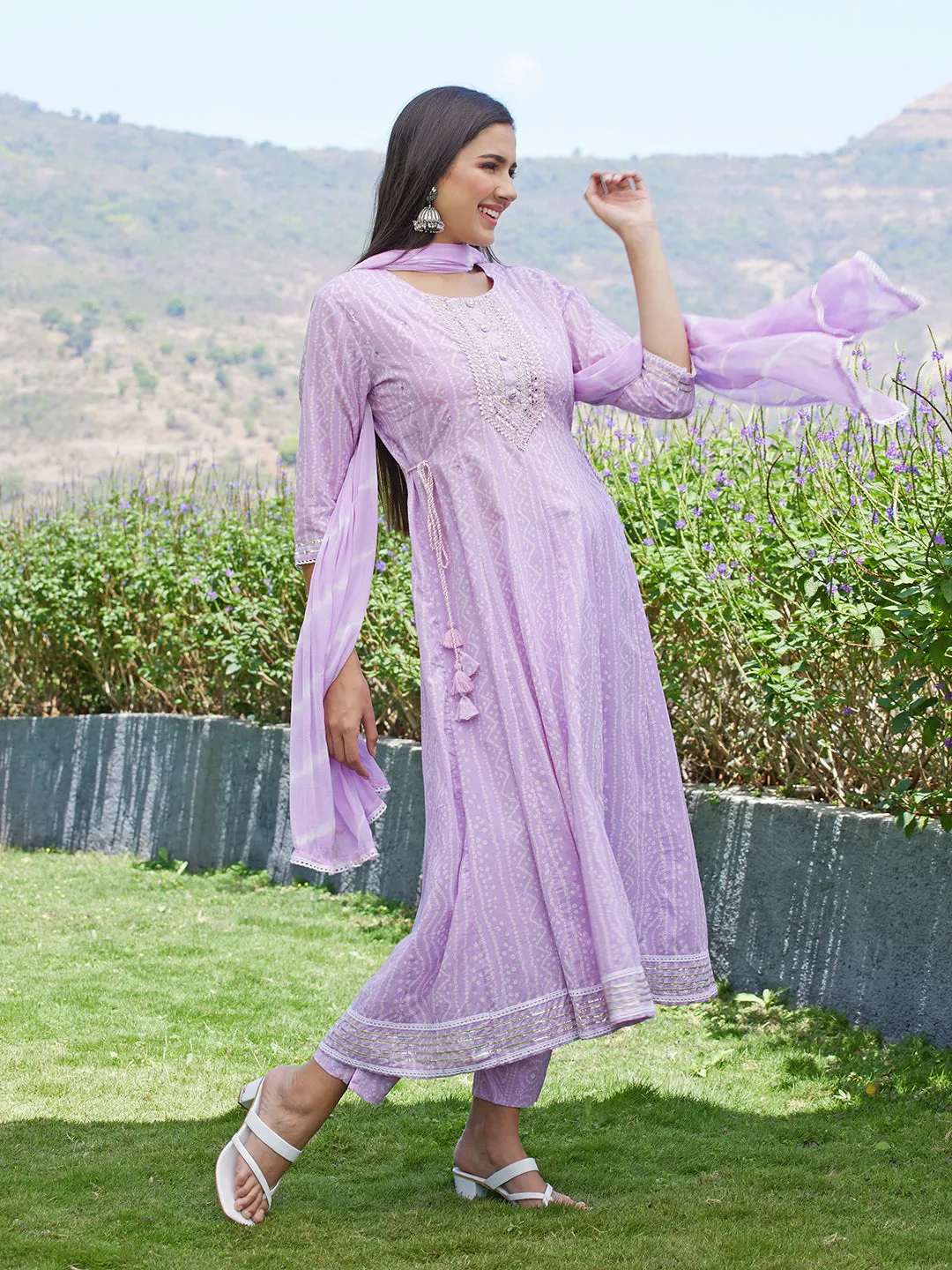 Bandhani Printed & Embroidered Anarkali Kurta with Pants & Dupatta - Light Purple