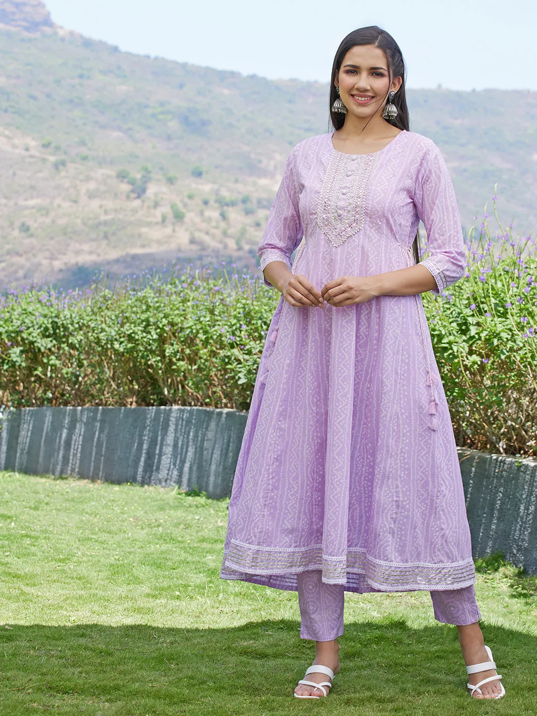 Bandhani Printed & Embroidered Anarkali Kurta with Pants & Dupatta - Light Purple