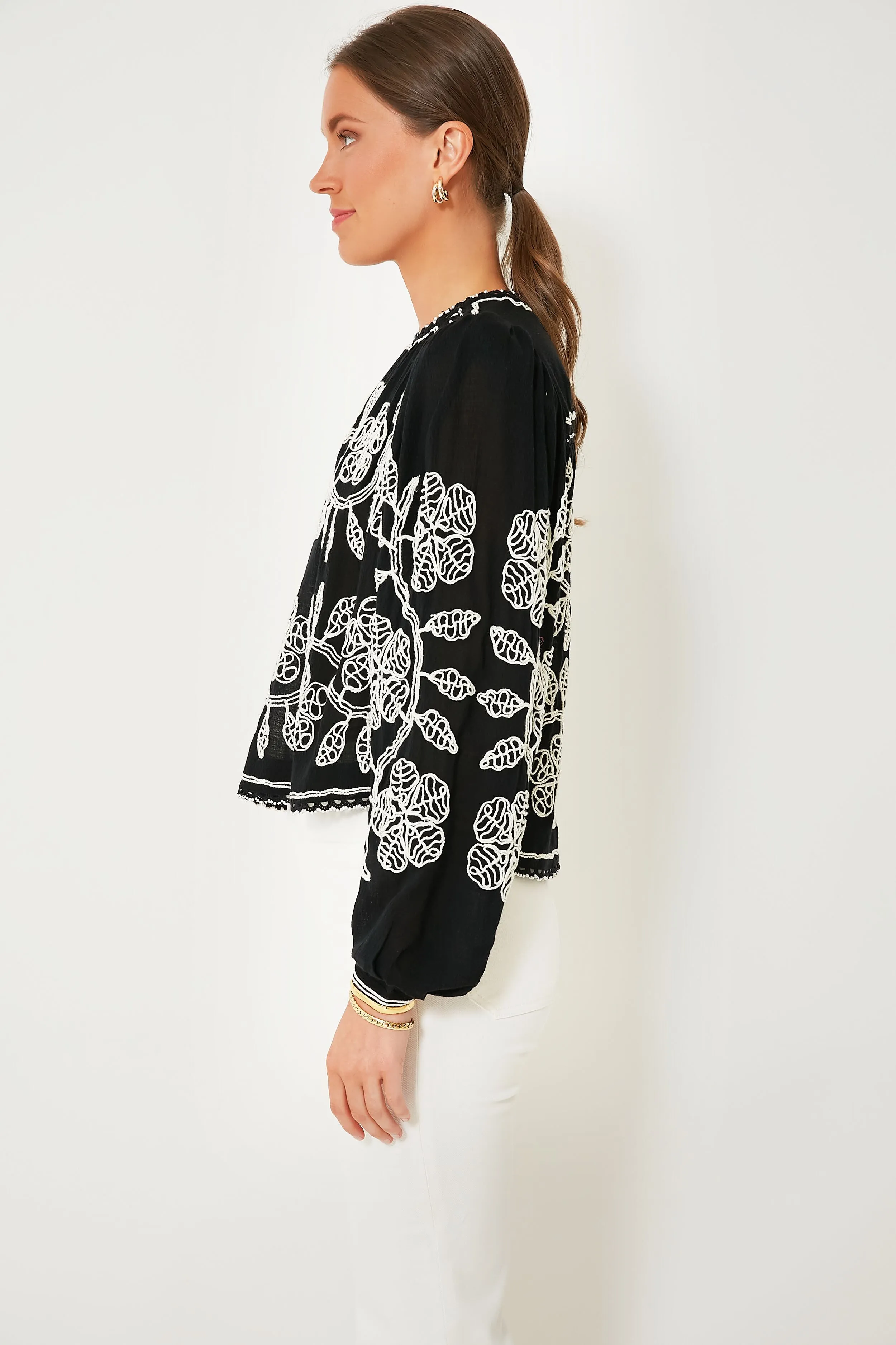 Black Beck Embroidery Long Sleeve Top