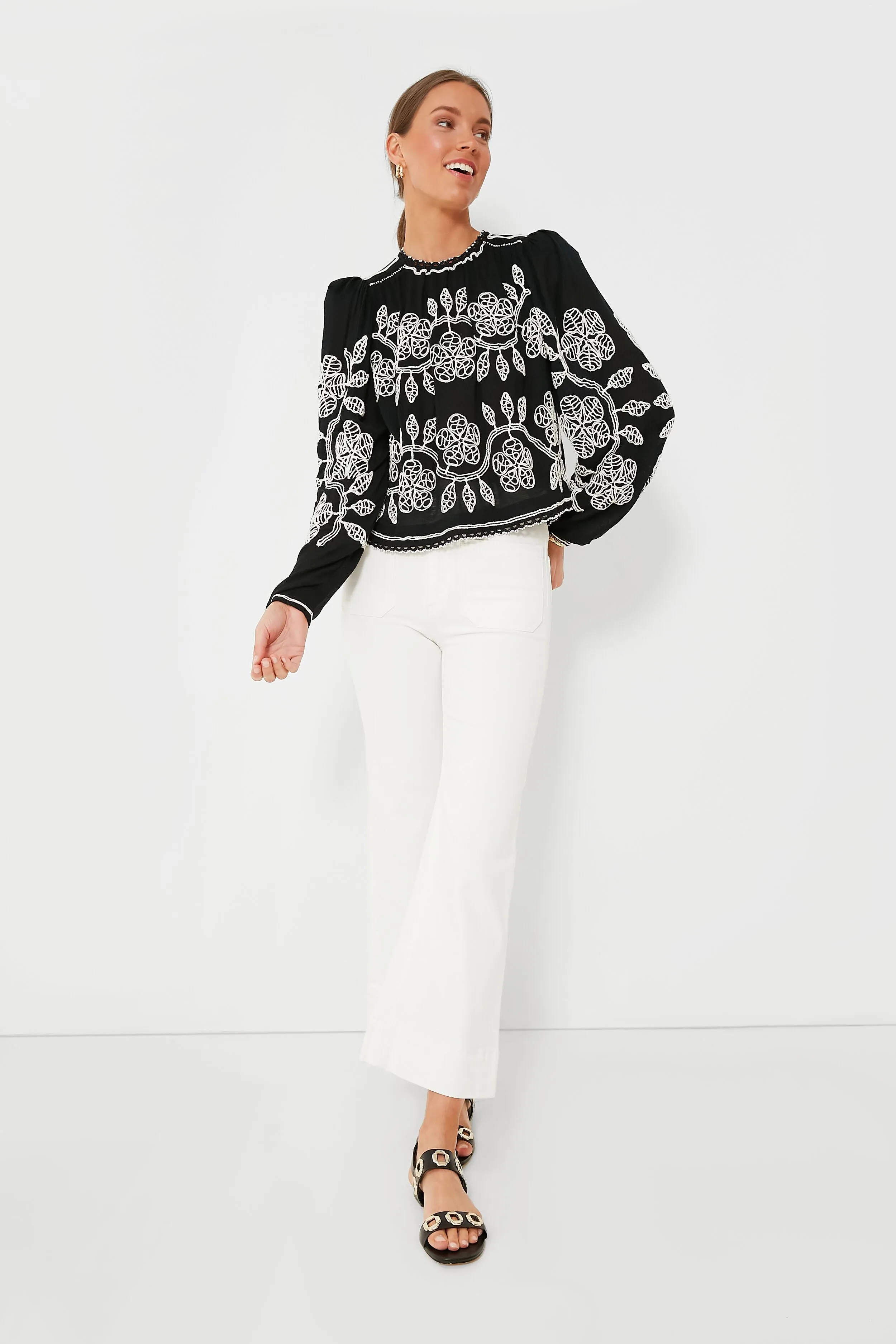 Black Beck Embroidery Long Sleeve Top