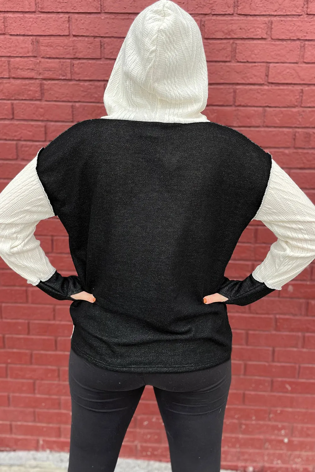 Black Color Block Textured Buttoned Kangaroo Pocket Hoodie