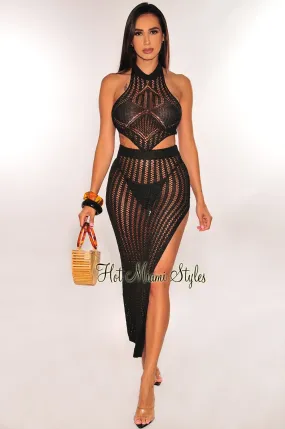 Black Crochet Halter Hanky Tie Up Slit Skirt Cover Up Two Piece Set