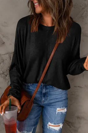 Black Solid Color Patchwork Long Sleeve Top