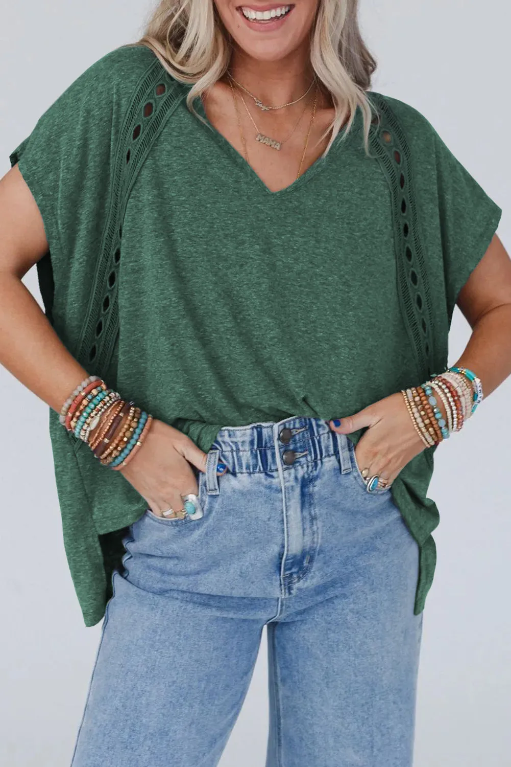 Blackish Green Crochet Lace Detail Oversized Tee