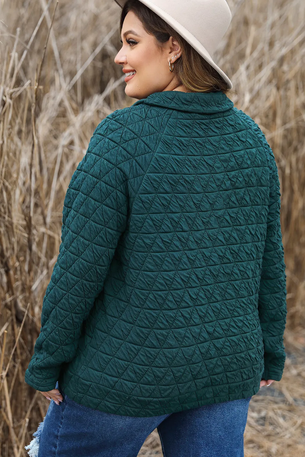 Blackish Green Plus Size Quarter Buttoned Pocketed Quilted Sweatshirt