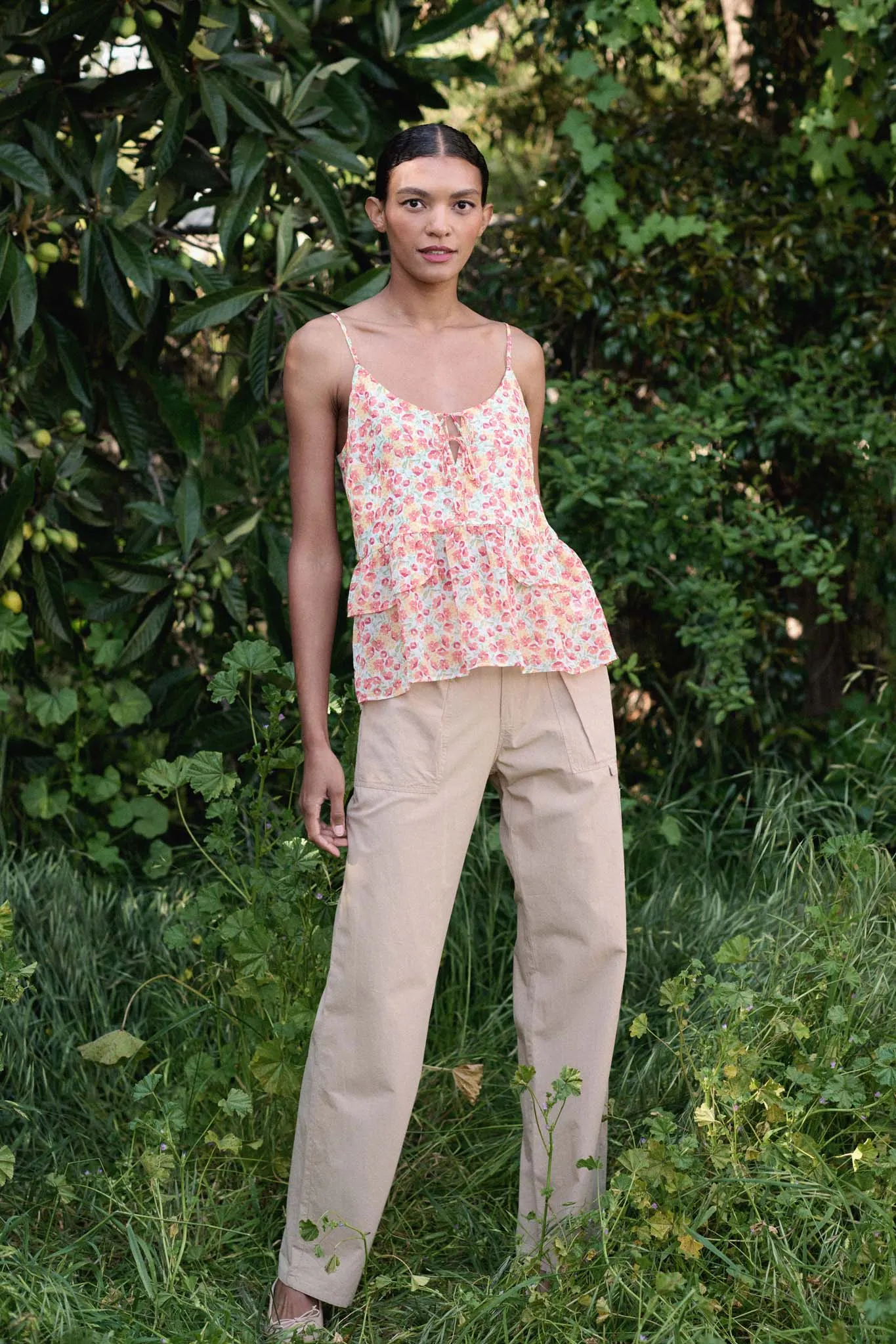 Brilliant Blooms Ruffled Floral Lace-Up Cami Top