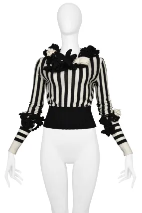 CHANEL BLACK & WHITE KNIT STRIPED TOP WITH CROCHET FLOWERS. 2007