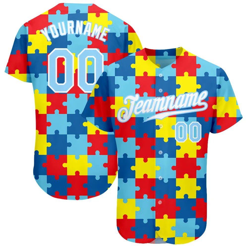 Custom Autism Awareness Puzzle Pieces Light Blue-White 3D Authentic Baseball Jersey