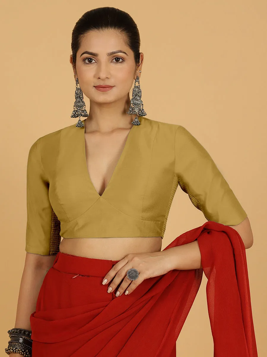 Damini x Rozaana | Dijon Mustard Elbow Sleeves V-Neck Saree Blouse