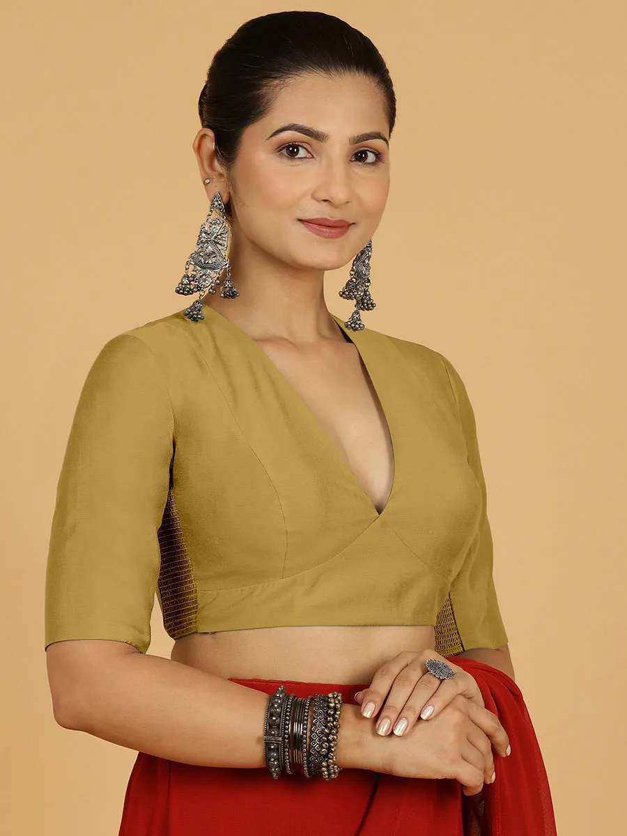 Damini x Rozaana | Dijon Mustard Elbow Sleeves V-Neck Saree Blouse