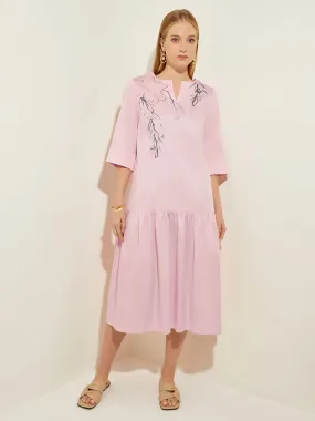 Drop Waist Embroidered Cotton Poplin Dress