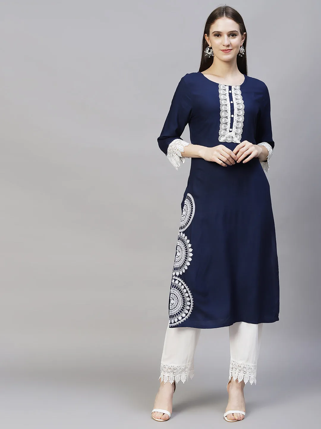 Ethnic Embroidered Straight Fit Kurta & Pants - Navy Blue