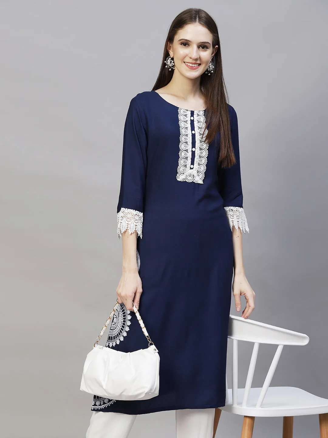 Ethnic Embroidered Straight Fit Kurta & Pants - Navy Blue