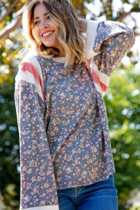 Floral Triblend Color Block Oversized Top