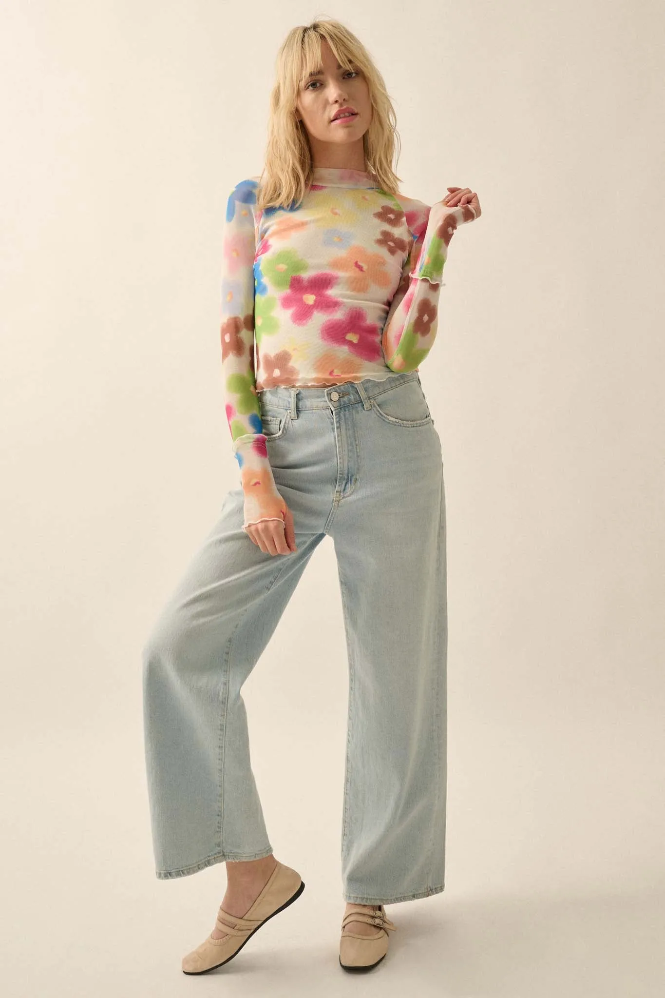 Flower Pop Floral Mesh Long-Sleeve Mock-Neck Top