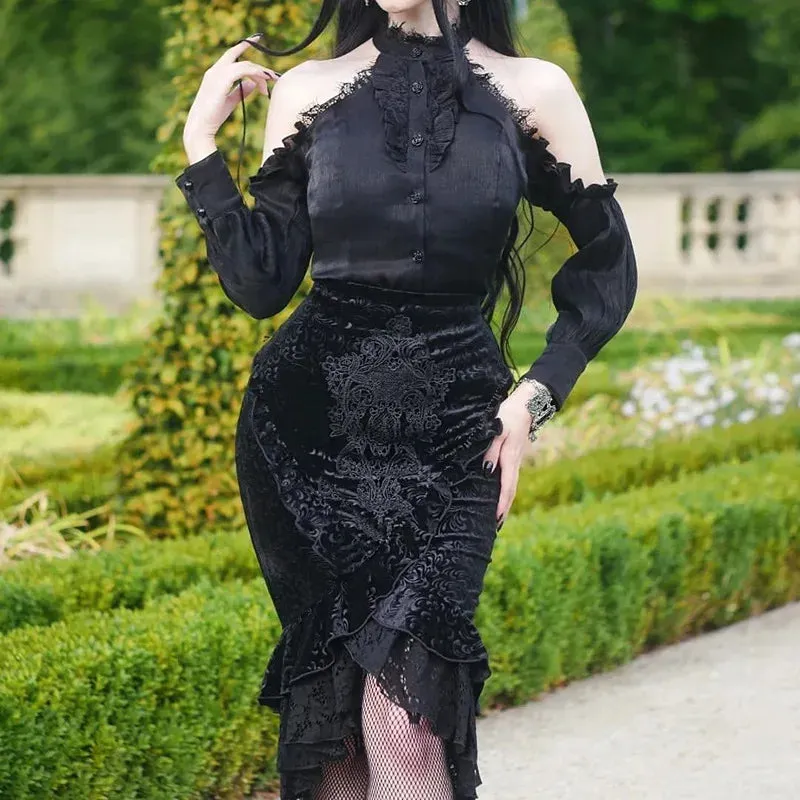 Goth Dark Vintage Mall Gothic Ruffles Mermaid Grunge Aesthetic Lace Hem Midi Women Elegant Skirt