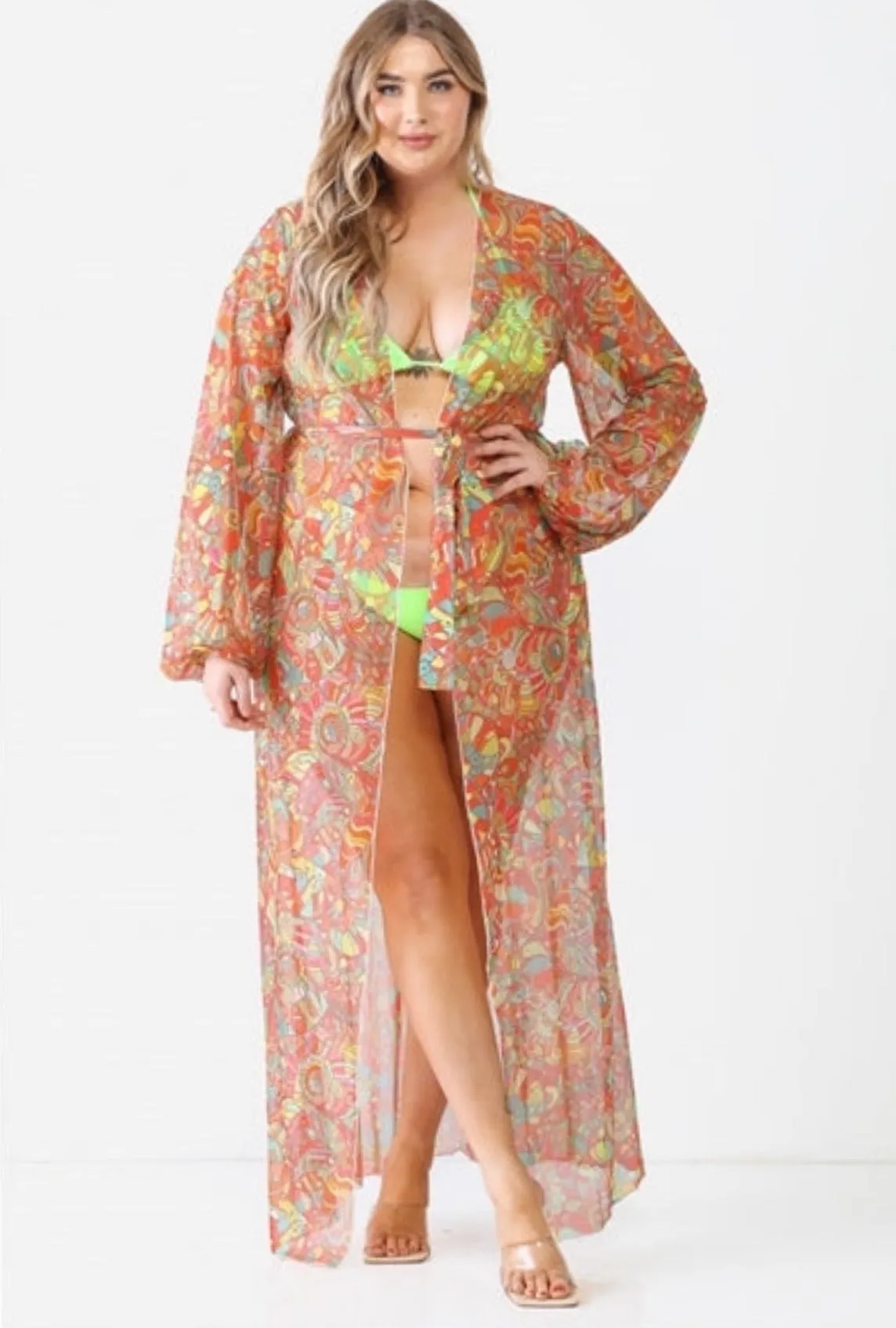 Junior Plus Multicolor Paisley Open Front Long Sleeve Kimono / Cover Up