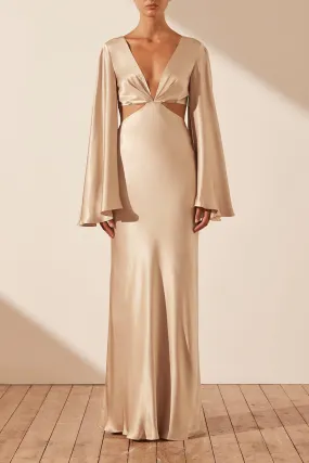 LA LUNE FLARED SLEEVE OPEN BACK MAXI DRESS - GOLD