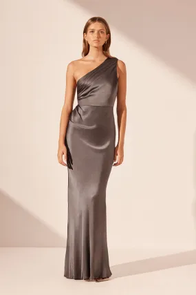 LA LUNE GATHERED ONE SHOULDER MAXI DRESS - GRAPHITE