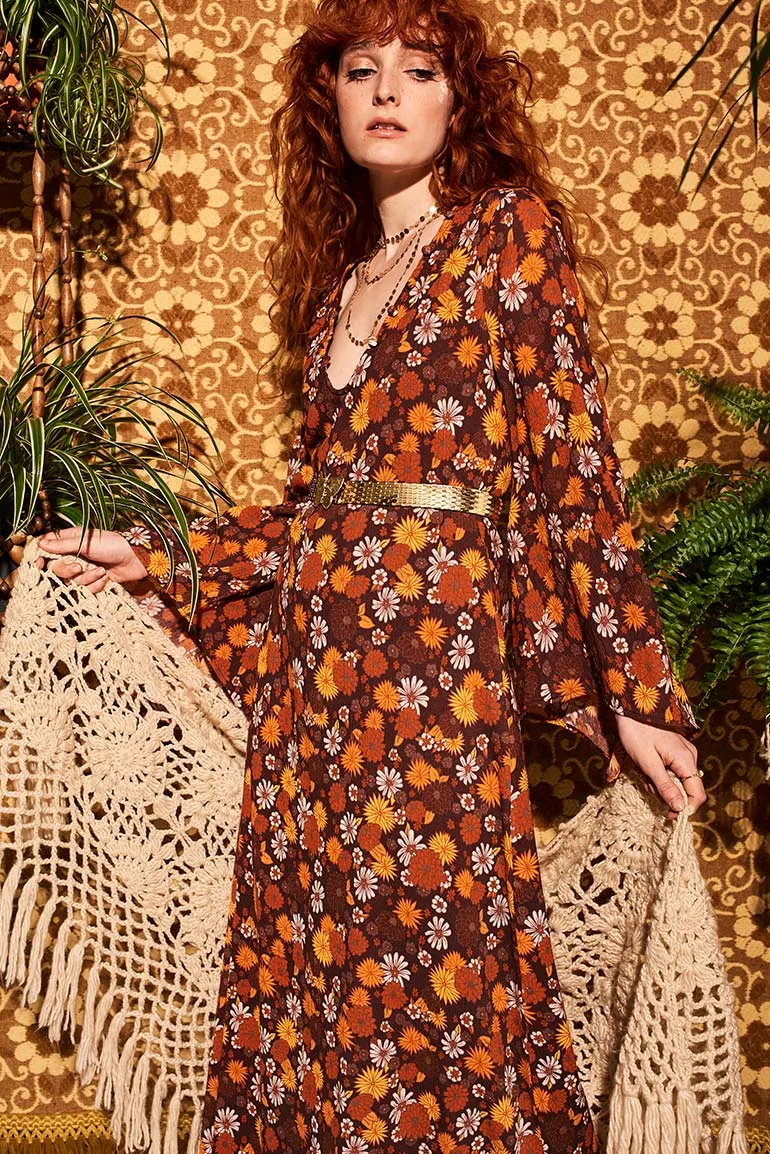 Lady Of The Canyon Brown Floral Maxi Dress