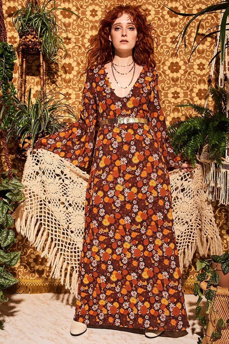 Lady Of The Canyon Brown Floral Maxi Dress