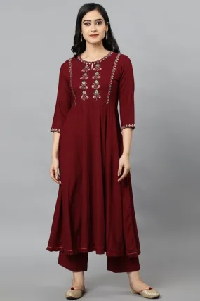 Maroon Anara Embroidered Rayon Kurta Dress