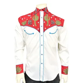 Men's Red Vintage Cactus & Stars Chain Stitch Embroidery Western Shirt