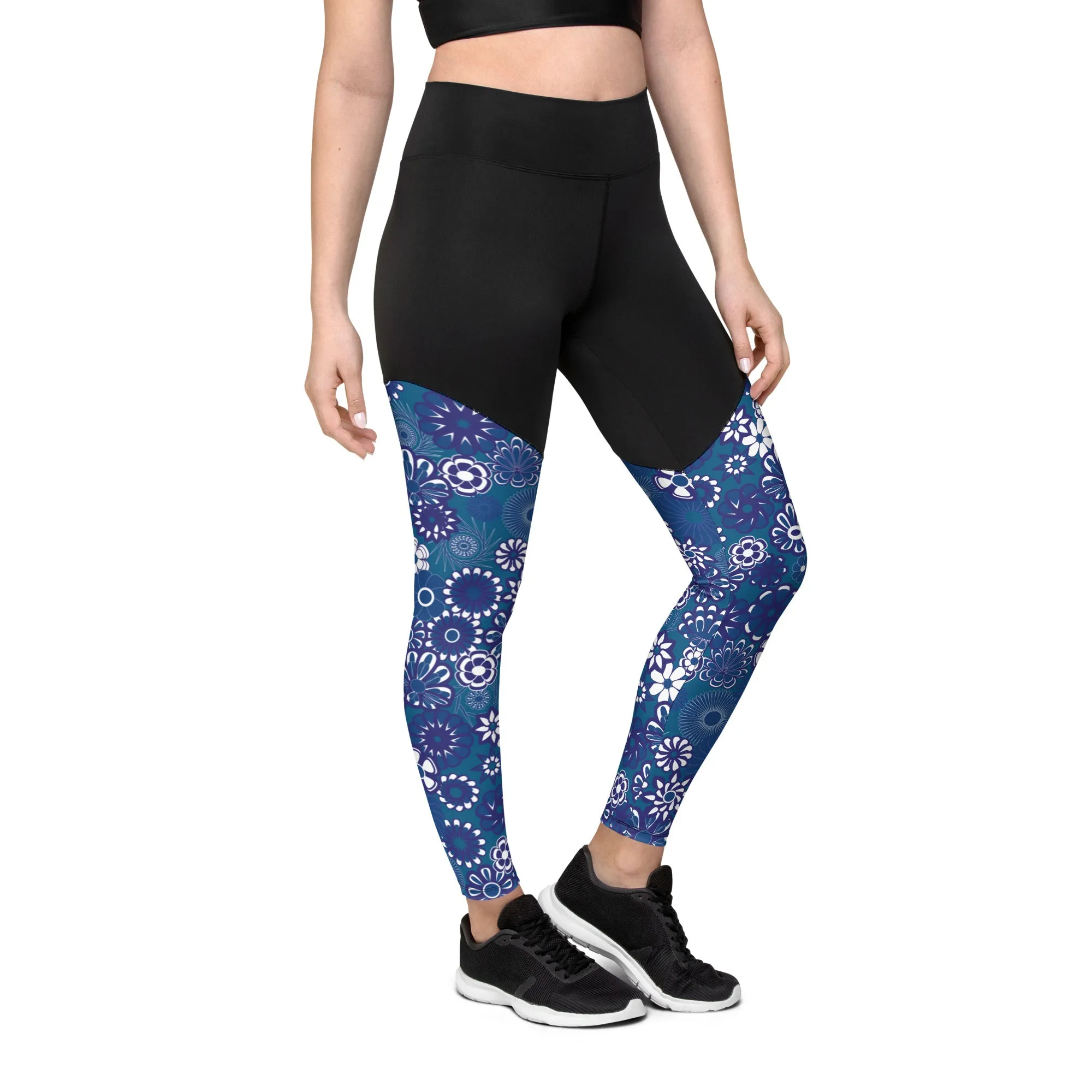 Navy Flowers on Blue Lycra Sports Leggings for women