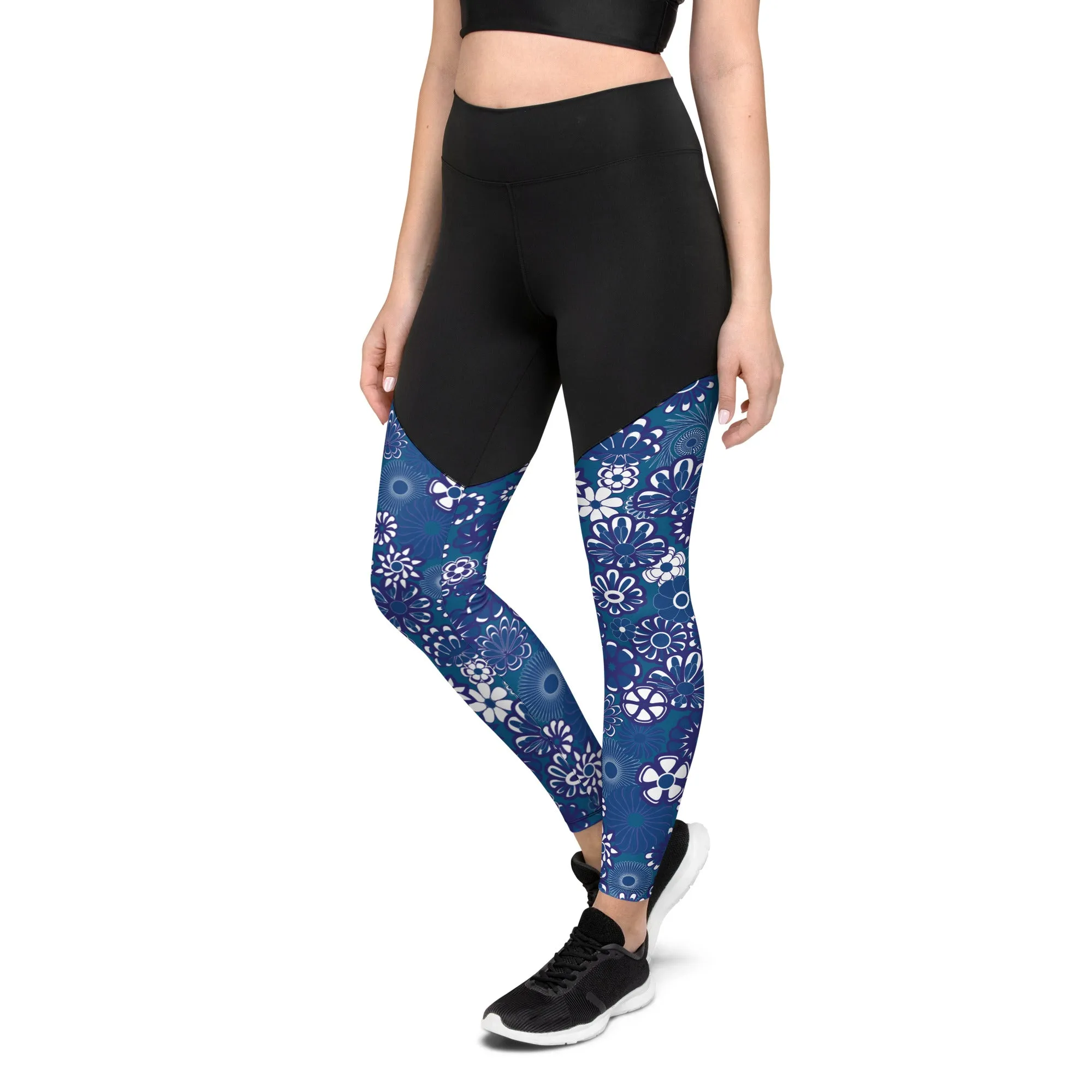 Navy Flowers on Blue Lycra Sports Leggings for women