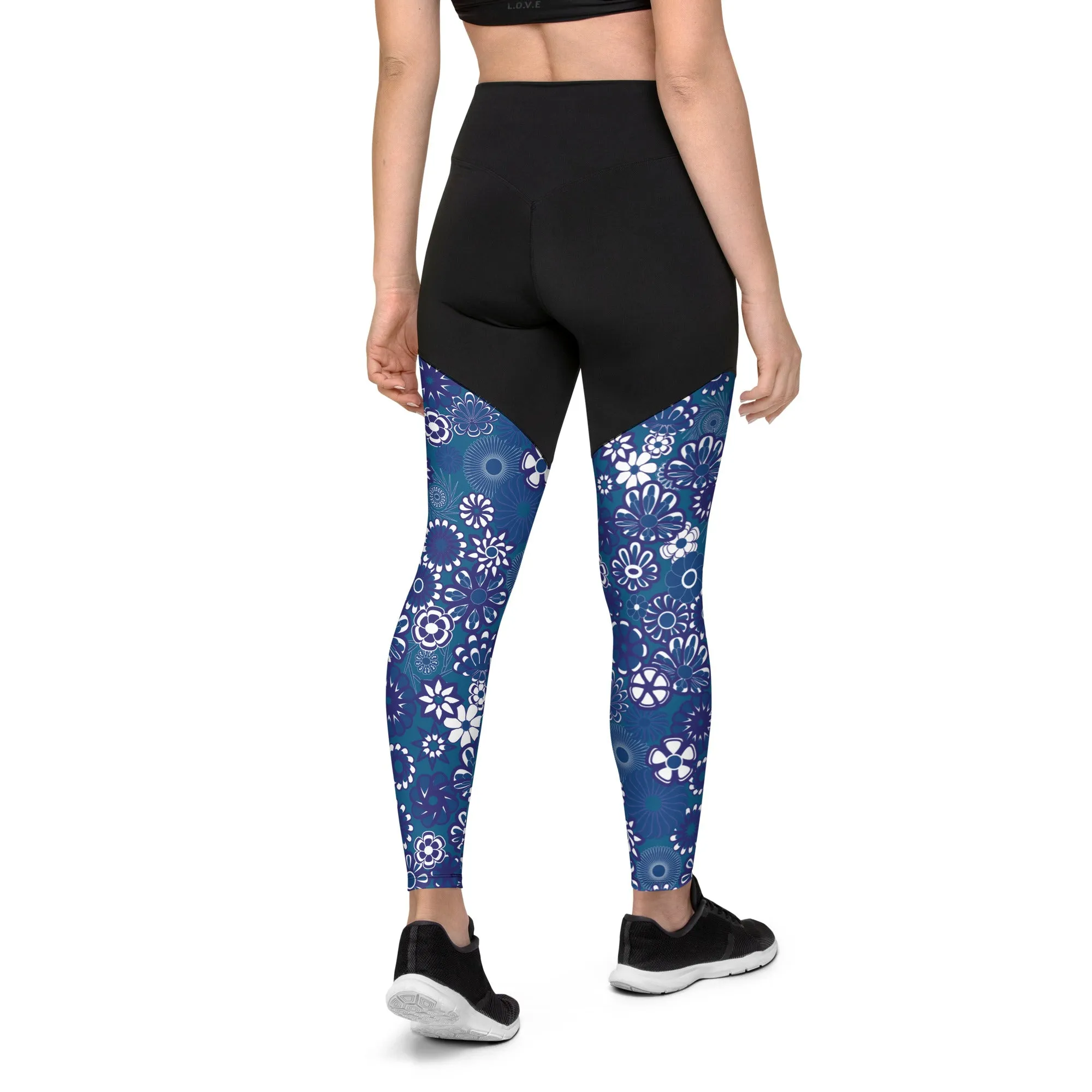 Navy Flowers on Blue Lycra Sports Leggings for women