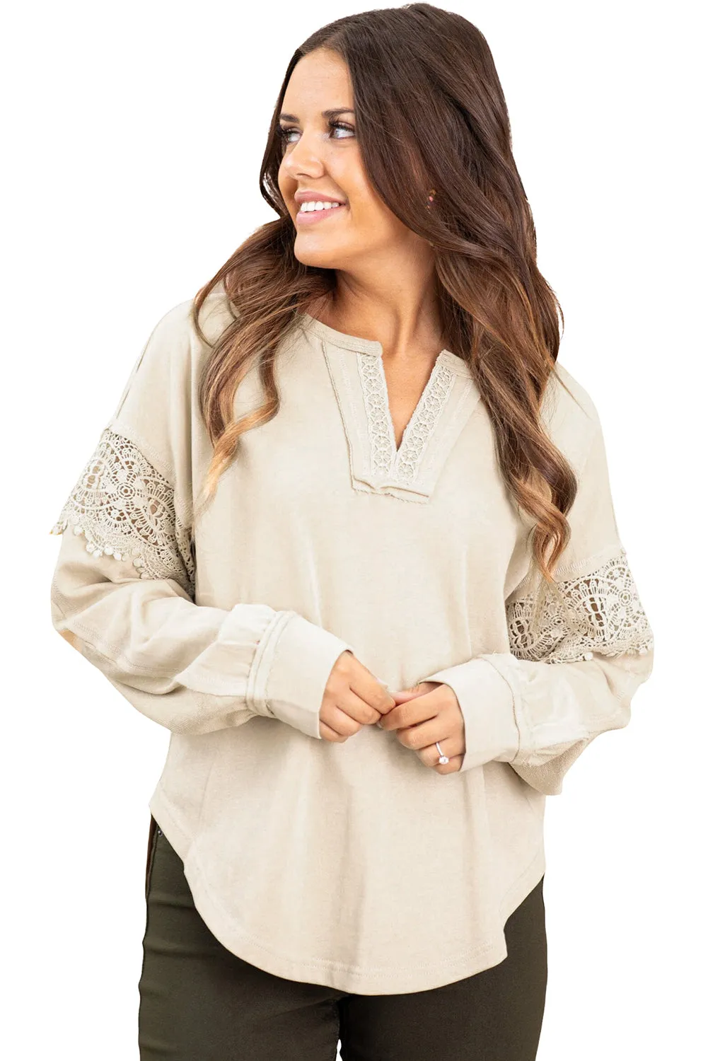 Oatmeal Notched Neck Crochet Insert Round Hem Sweatshirt