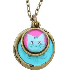 Photo Glass Charm Necklace ~ Blue Kitty