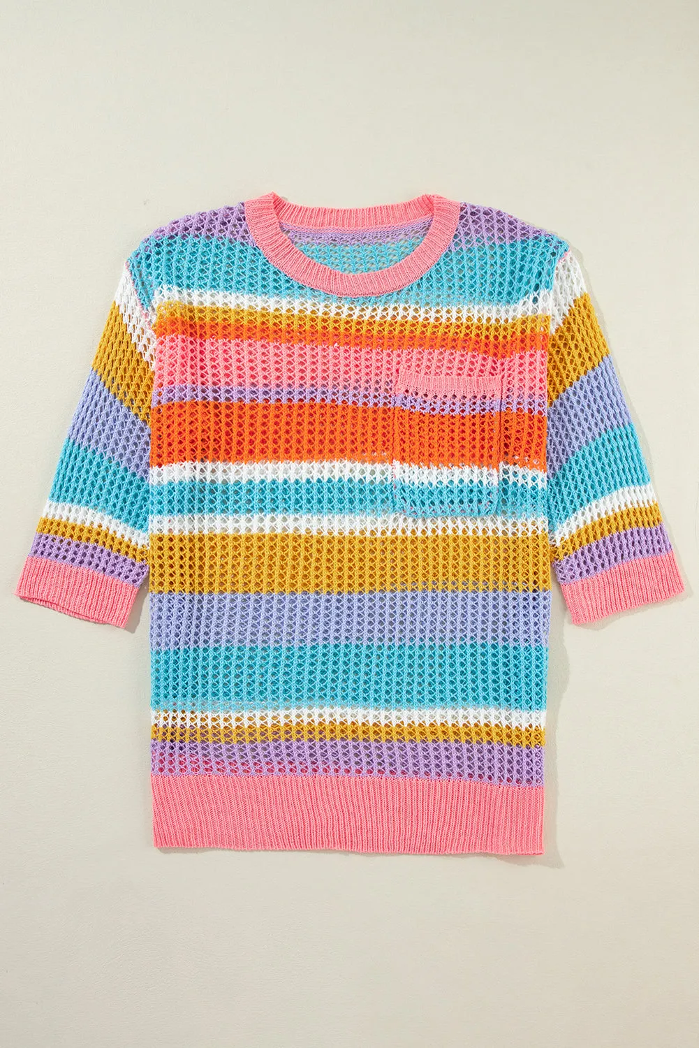 Pink Stripe Colorblock Hollowed Crochet 3/4 Sleeve Sweater