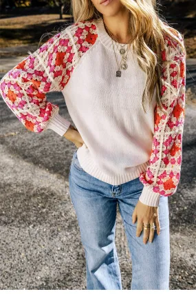 Rose Crochet Puff Sleeve Contrast Knit Sweater