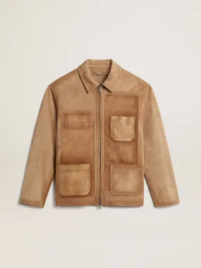 Sand-colored leather jacket with patches and zip fastening