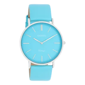 Silver coloured OOZOO watch with bright blue leather strap - C20322