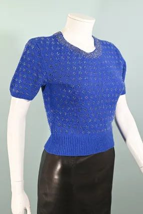 SOLD Vintage 50s Blue Beaded Knit Top, Short Sleeves S