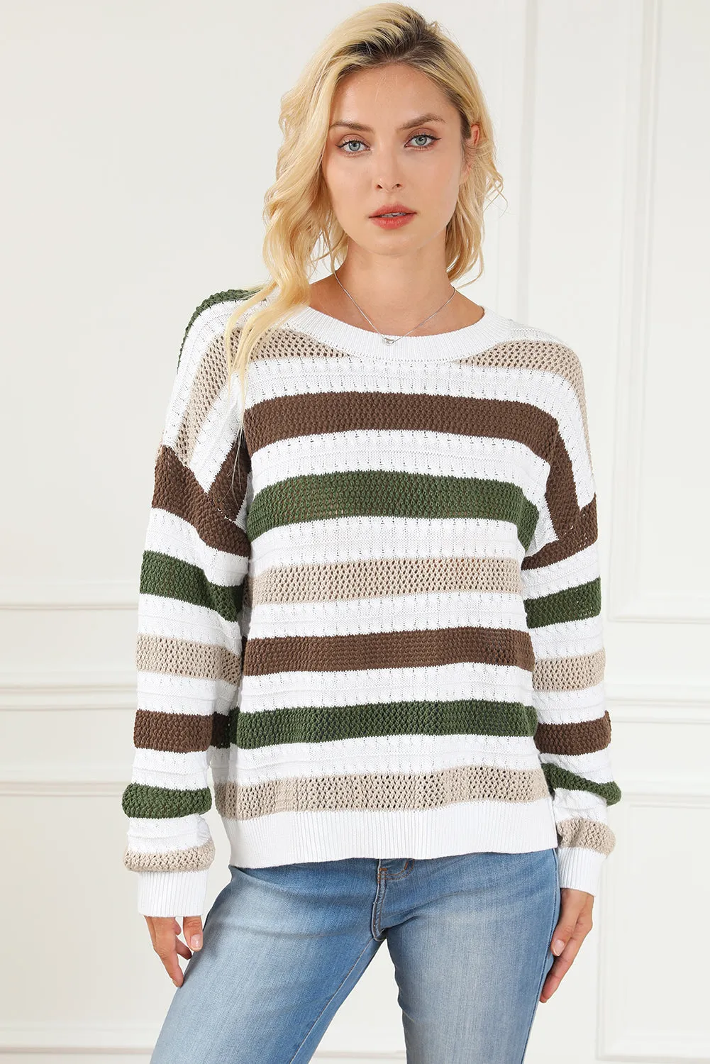 Stripe Crochet Hollow out Knit Sweater