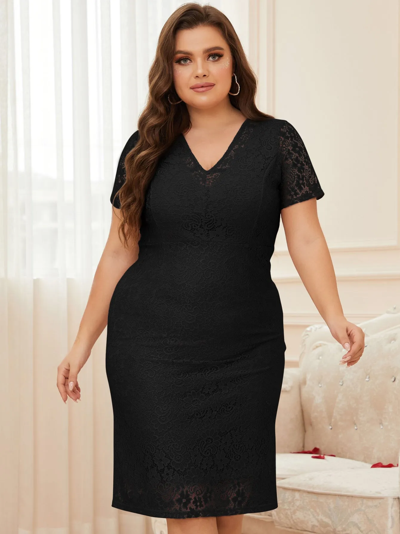 Women Plus Size Lace V-neck Short Sleeve Cocktail Wedding Guest Midi Dresses