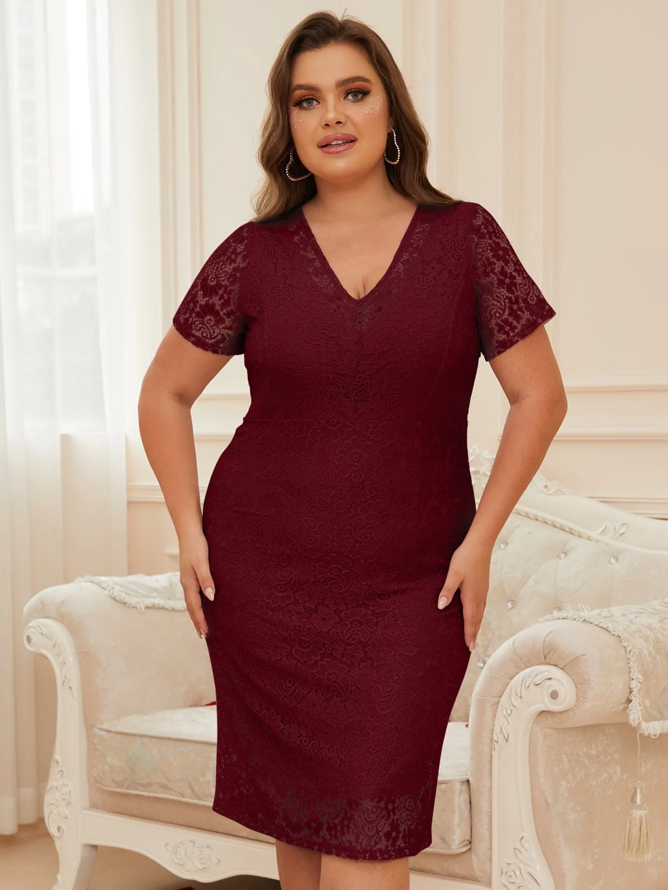 Women Plus Size Lace V-neck Short Sleeve Cocktail Wedding Guest Midi Dresses