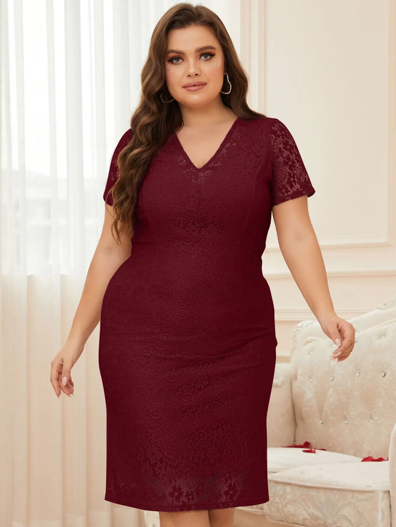 Women Plus Size Lace V-neck Short Sleeve Cocktail Wedding Guest Midi Dresses