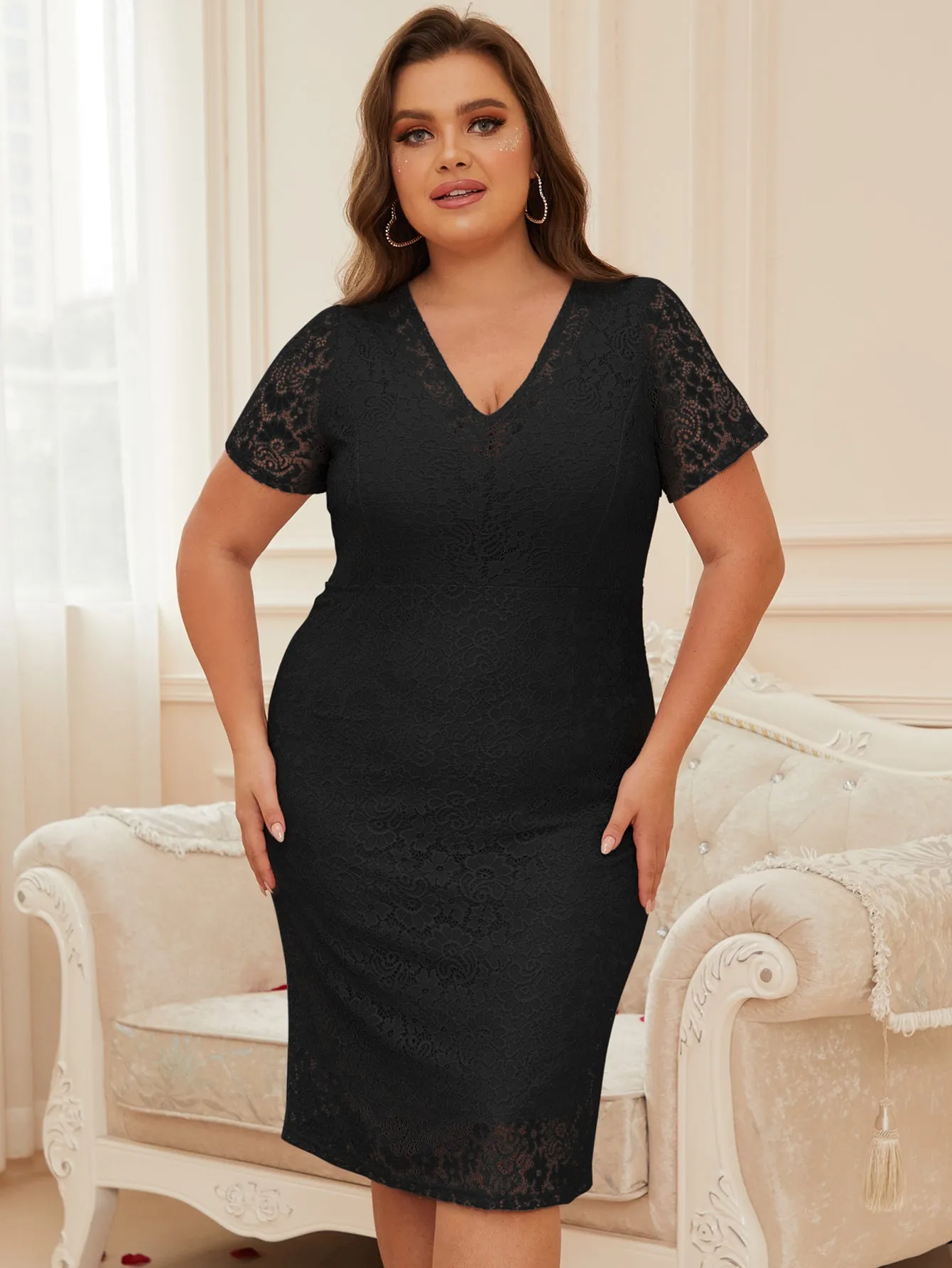 Women Plus Size Lace V-neck Short Sleeve Cocktail Wedding Guest Midi Dresses